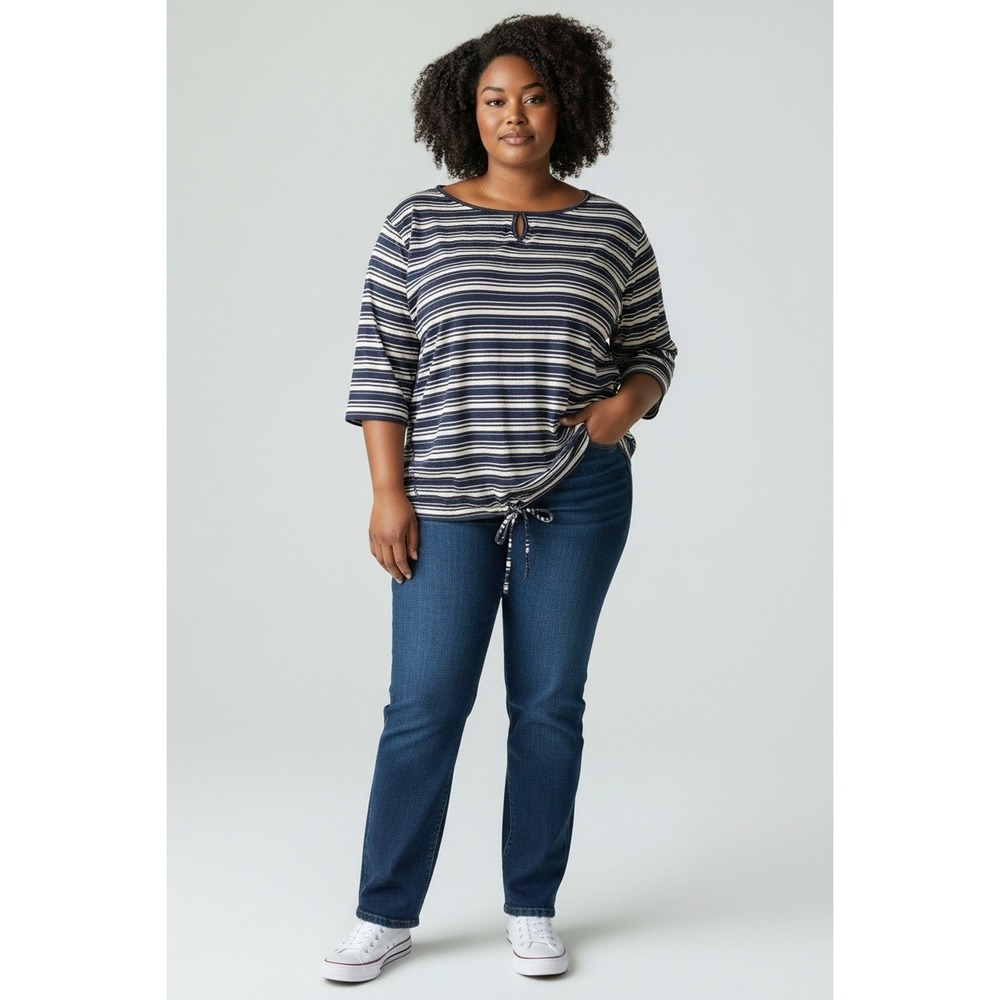 Talbots Women's 1X Plus Size Navy White Striped Keyhole Drawstring Hem Top